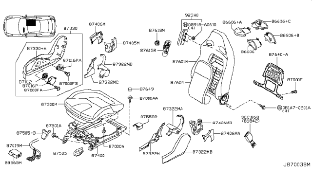 2011 Nissan GT-R Frame Assembly-Front Seat Back Diagram for 87601-KC38C