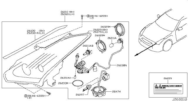 2011 Nissan GT-R Driver Side Headlight Assembly Diagram for 26060-KB52A
