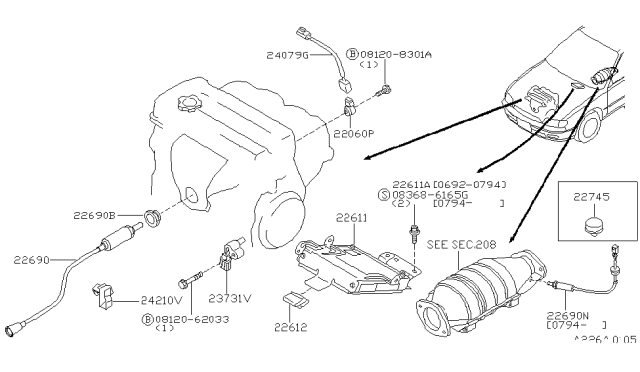 1997 Nissan Altima Heated Oxygen Sensor Diagram for 22690-5E400