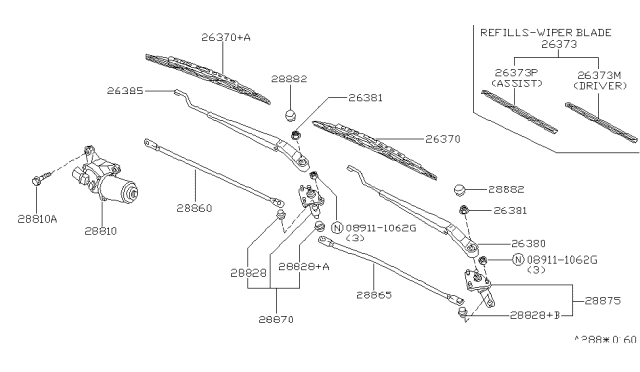 1996 Nissan Stanza Windshield Wiper Arm Assembly Diagram for 28881-1E403