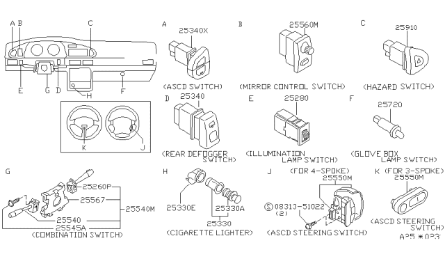 1993 Nissan Altima Switch Assy-Combination Diagram for 25560-1E402