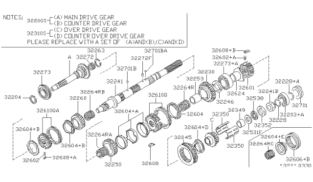 1995 Nissan Hardbody Pickup (D21U) Bearing-Overdrive Gear Diagram for 32350-01G10