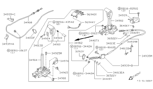 1997 Nissan Hardbody Pickup (D21U) Control Cable Assembly Diagram for 34935-30G10