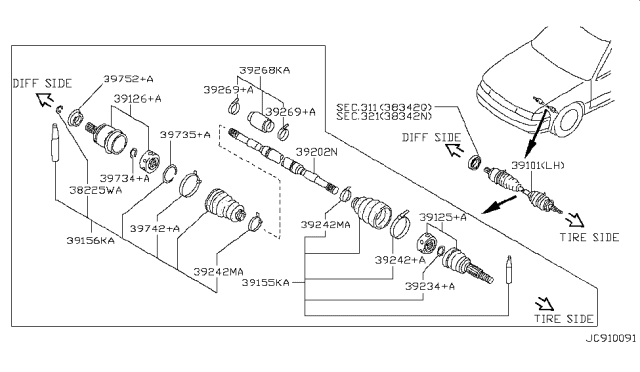 1995 Nissan Maxima Shaft Assy-Front Drive,LH Diagram for 39101-31U00