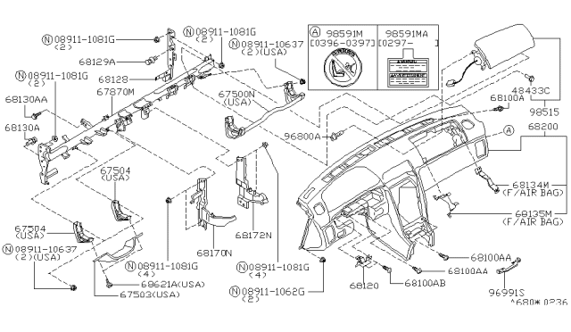 1999 Nissan Maxima Instrument Panel,Pad & Cluster Lid Diagram 2