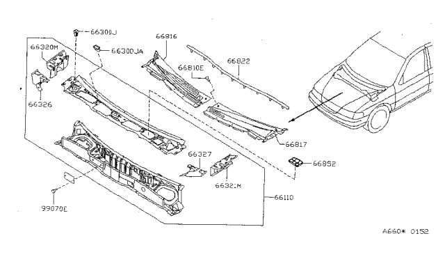 1997 Nissan Sentra Cowl Top & Fitting Diagram