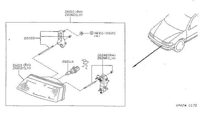1998 Nissan Sentra Driver Side Headlight Assembly Diagram for 26060-8B825