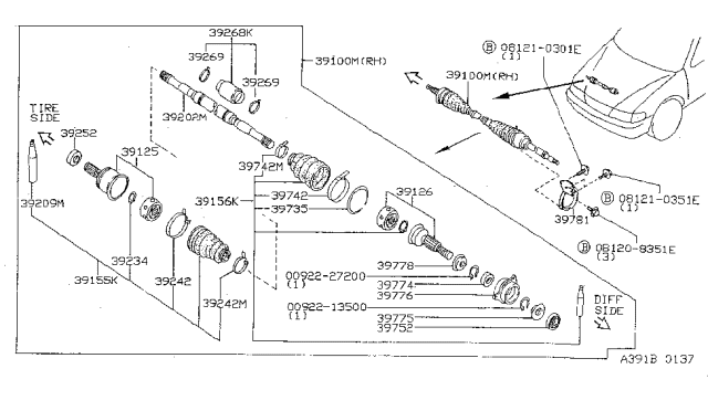 1999 Nissan Sentra Shaft Assembly-Front Drive R Diagram for 39100-0M600