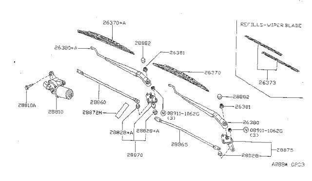 1996 Nissan Sentra Windshield Wiper Arm Assembly Diagram for 28881-1M200