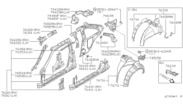 1995 Nissan 240SX Brace-Roof Rail,Front LH Diagram for 76327-65F00