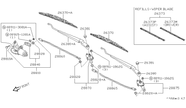 1989 Nissan Maxima Windshield Wiper Arm Assembly Diagram for 28886-85E15