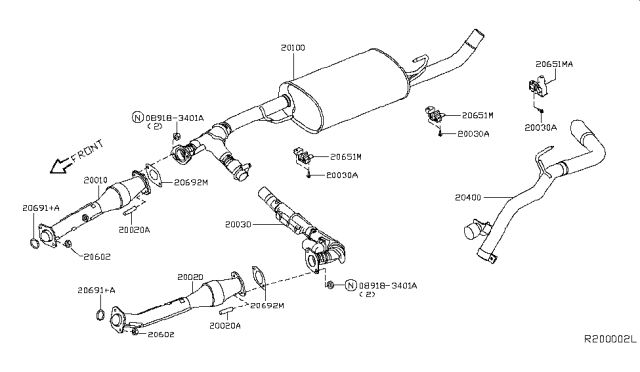 2019 Nissan Frontier Exhaust, Main Muffler Assembly Diagram for 20100-ZL60A