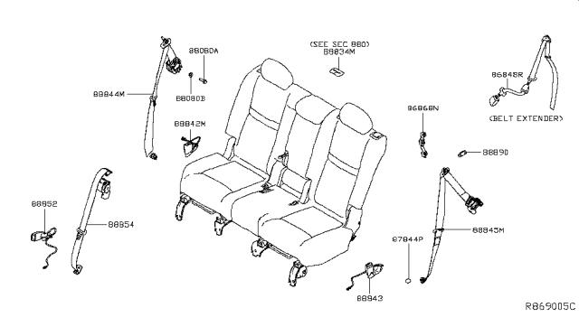 2019 Nissan Rogue Tongue Belt Assembly, Rear Seat Center Diagram for 88854-7FL9A