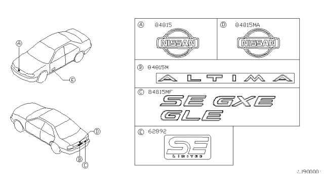 2000 Nissan Altima Emblem & Name Label Diagram 1