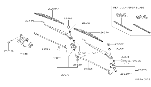 2000 Nissan Altima Windshield Wiper Arm Assembly Diagram for 28886-9E000