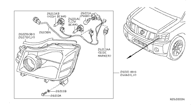 2008 Nissan Titan Driver Side Headlight Assembly Diagram for 26060-ZC30A