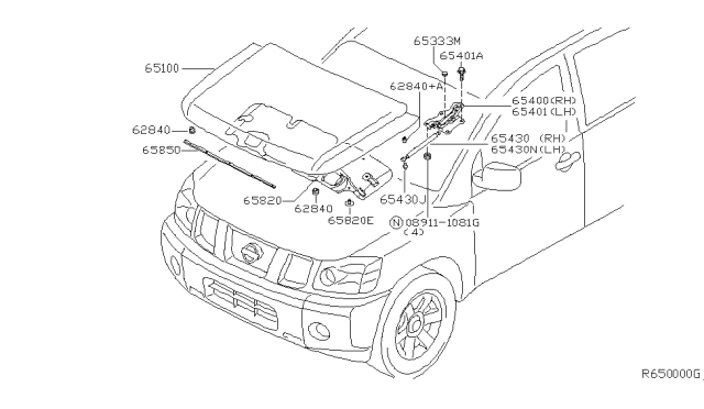 2011 Nissan Titan Hood Panel,Hinge & Fitting Diagram