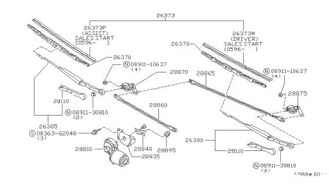 1986 Nissan Stanza Windshield Wiper Arm Assembly Diagram for 28885-D1200