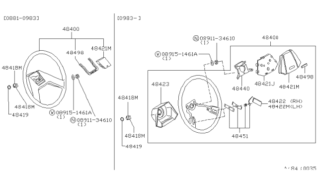 1983 Nissan Stanza Steering Wheel Assembly Diagram for 48400-D1205