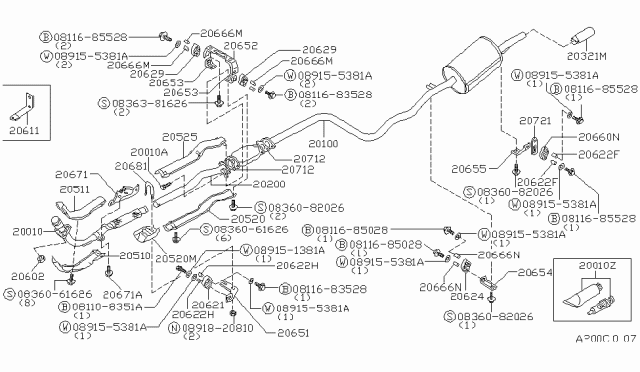 1985 Nissan Stanza Exhaust Tube & Muffler Diagram