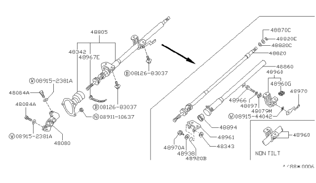 1987 Nissan Sentra Shaft Assembly Steering Column Upper Diagram for 48820-60A15