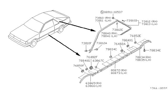 1989 Nissan Sentra MOULDING Roof Drip Rear LH Diagram for 76817-63A00