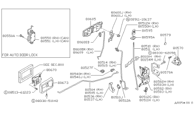 1989 Nissan Sentra Door Inside Handle Assembly, Right Diagram for 80670-50A11
