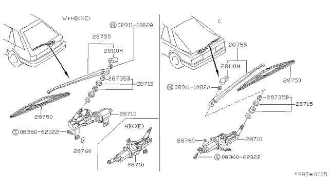 1990 Nissan Sentra Rear Windshield Wiper Blade Assembly Diagram for 28890-05B80