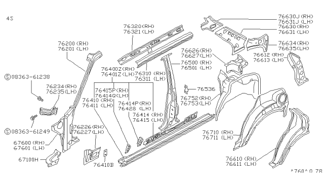 1988 Nissan Sentra Rail-Side Roof Inner LH Diagram for 76331-55A00