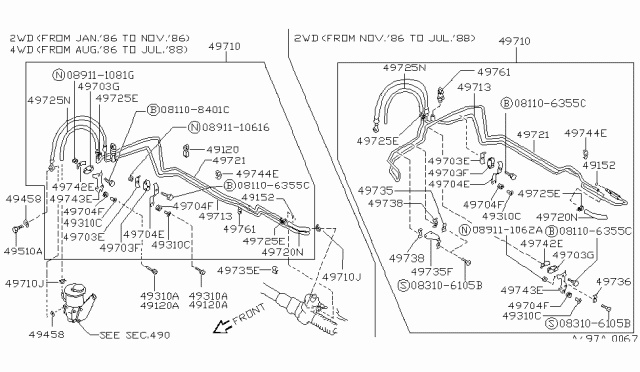1987 Nissan Sentra Hose Assy-Power Steering Diagram for 49726-73A00