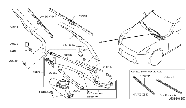 2011 Nissan 370Z Windshield Wiper Arm Assembly Diagram for 28881-1EA0A