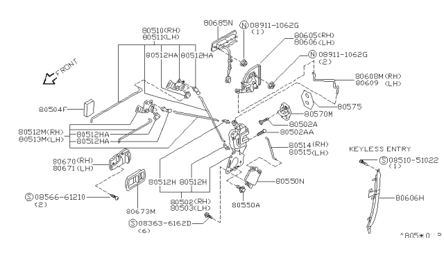 1994 Nissan Quest Front Door Outside Handle Assembly, Right Diagram for 80606-0B700