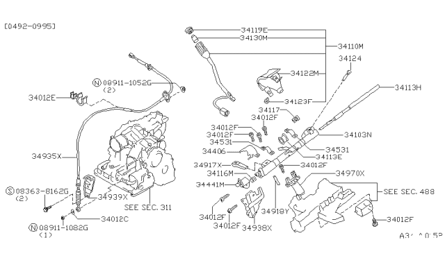 1996 Nissan Quest Control Cable Assembly Diagram for 34935-1B000