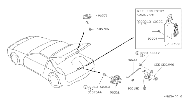 1990 Nissan 300ZX Back Door Lock Assembly Diagram for 90502-30P00