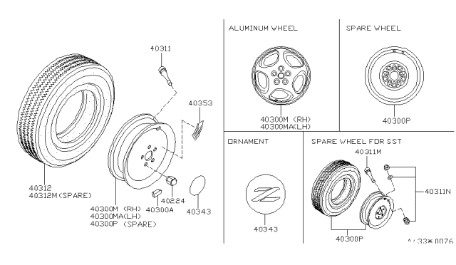 1992 Nissan 300ZX Spare Tire Wheel Assembly Diagram for 40300-33P26