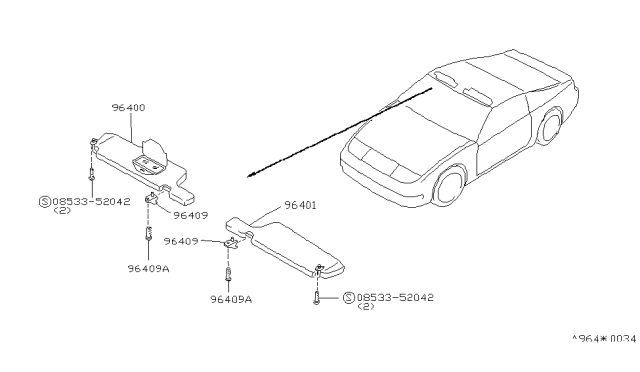 1996 Nissan 300ZX Right Sun Visor Assembly Diagram for 96400-54P00