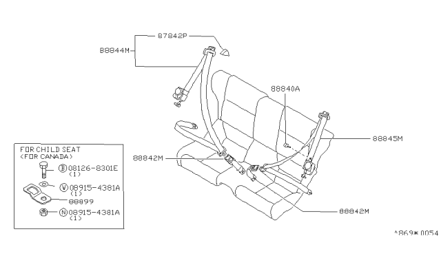 1990 Nissan 300ZX Rear Seat Buckle Belt Assembly Diagram for 88842-32P01