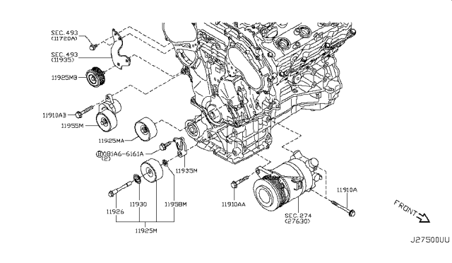 2014 Nissan Quest Pulley Assy-Idler,Compressor Diagram for 11925-JA11A