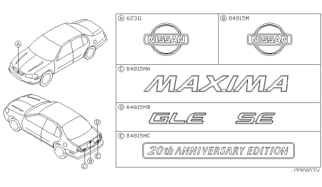 2002 Nissan Maxima Emblem & Name Label Diagram 1