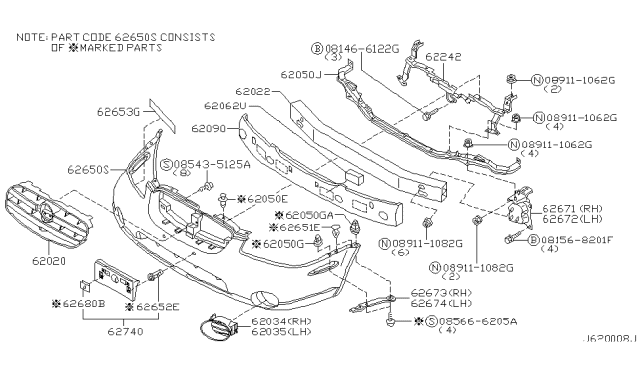 2002 Nissan Maxima Front Bumper Cover Diagram for 62022-2Y925