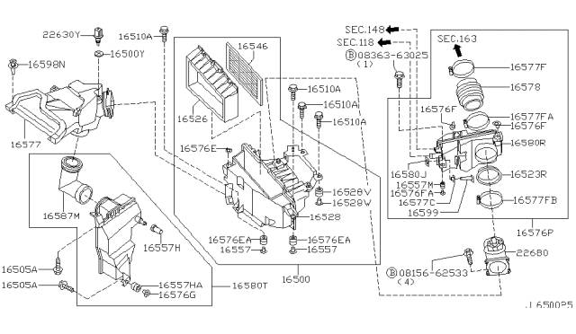 2001 Nissan Maxima Mass Air Flow Meter Sensor Assembly Diagram for 22680-AM600