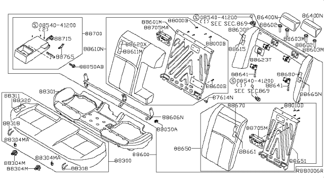 2010 Nissan Maxima Rear Seat Armrest Assembly Diagram for 88700-ZX80B