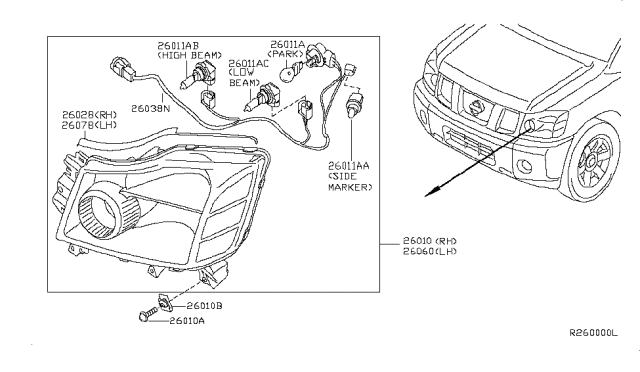 2011 Nissan Armada Driver Side Headlight Assembly Diagram for 26060-ZQ00A