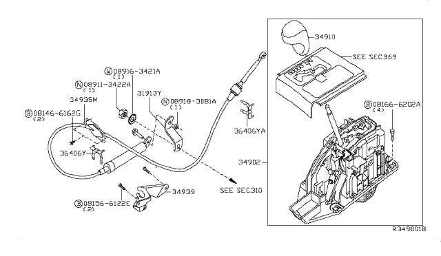 2015 Nissan Armada Knob Assembly-Control Lever Auto Diagram for 34910-9G00A