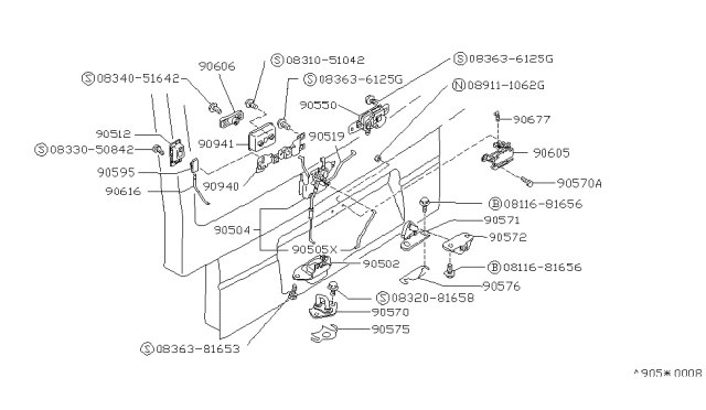 1989 Nissan Van Back Door Lock Assembly Diagram for 90502-17C01