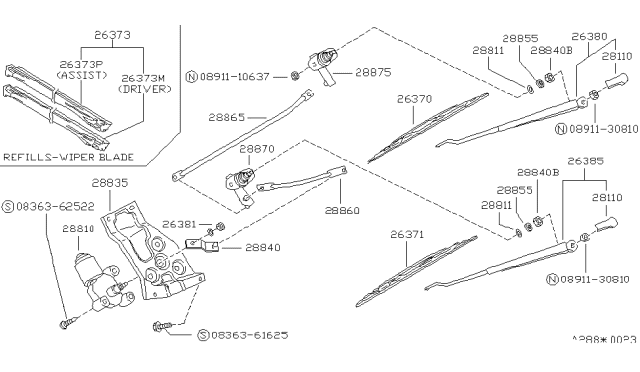 1989 Nissan Van Windshield Wiper Arm Assembly Diagram for 28885-17C00