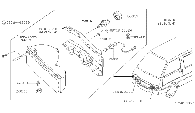 1989 Nissan Van Headlamp Housing Assembly, Driver Side Diagram for 26075-17C00