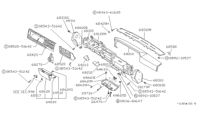 1990 Nissan Van Instrument Panel,Pad & Cluster Lid Diagram