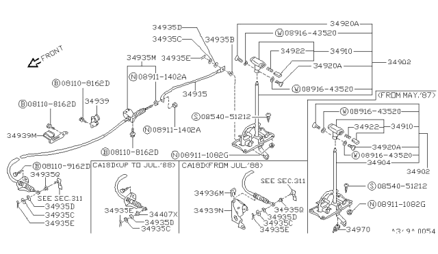 1989 Nissan Pulsar NX Lever-Assembly Control Diagram for 34910-84M00