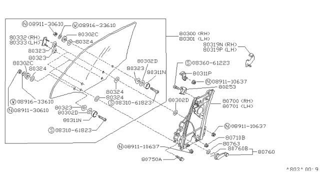 1990 Nissan Pulsar NX Regulator Assembly Door Window RH Diagram for 80700-80M00